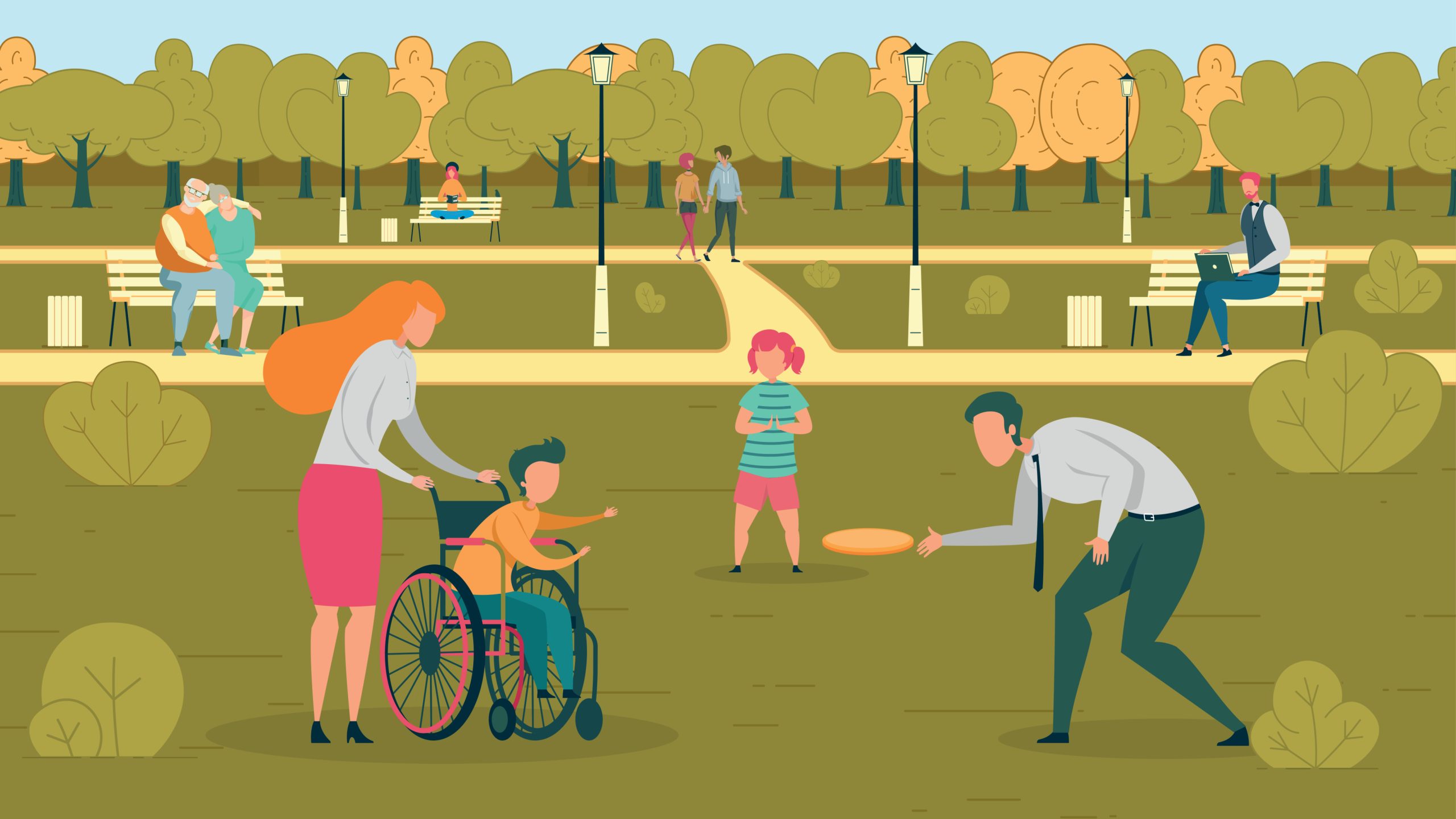 Cartoon of child in wheelchair playing in a park ציור של ילד בכסא גלגלים משחק בפארק ציבורי