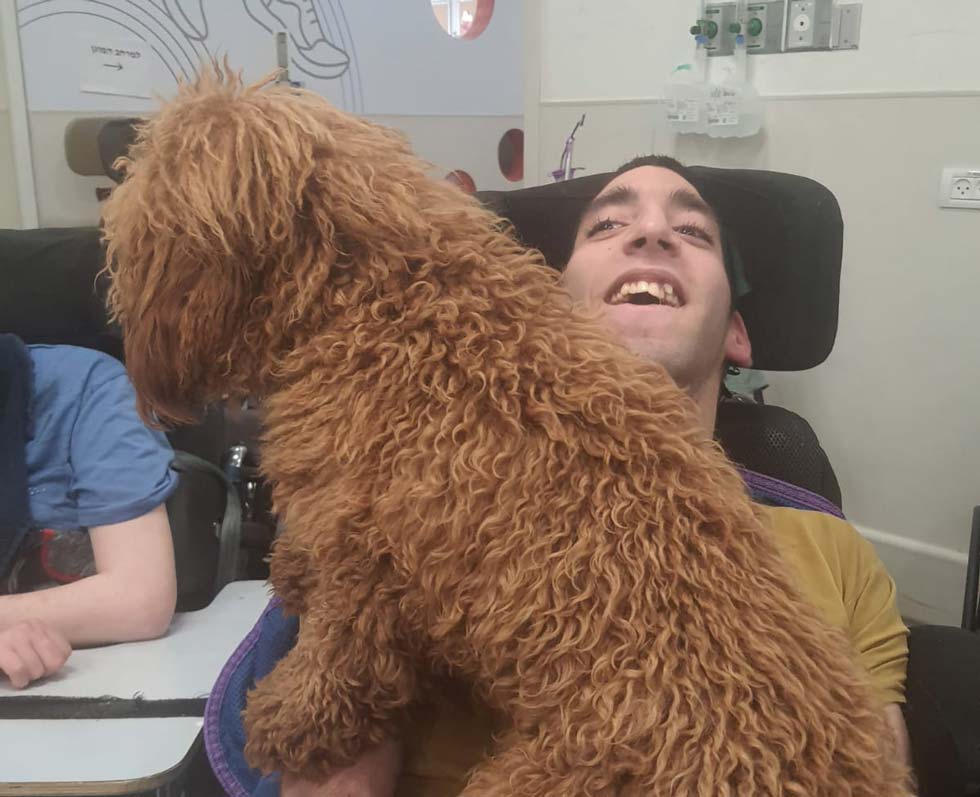 בחור בכסא כלכלים עם כלב על הברכיים. Boy in a wheelchair with a dog on his lap.